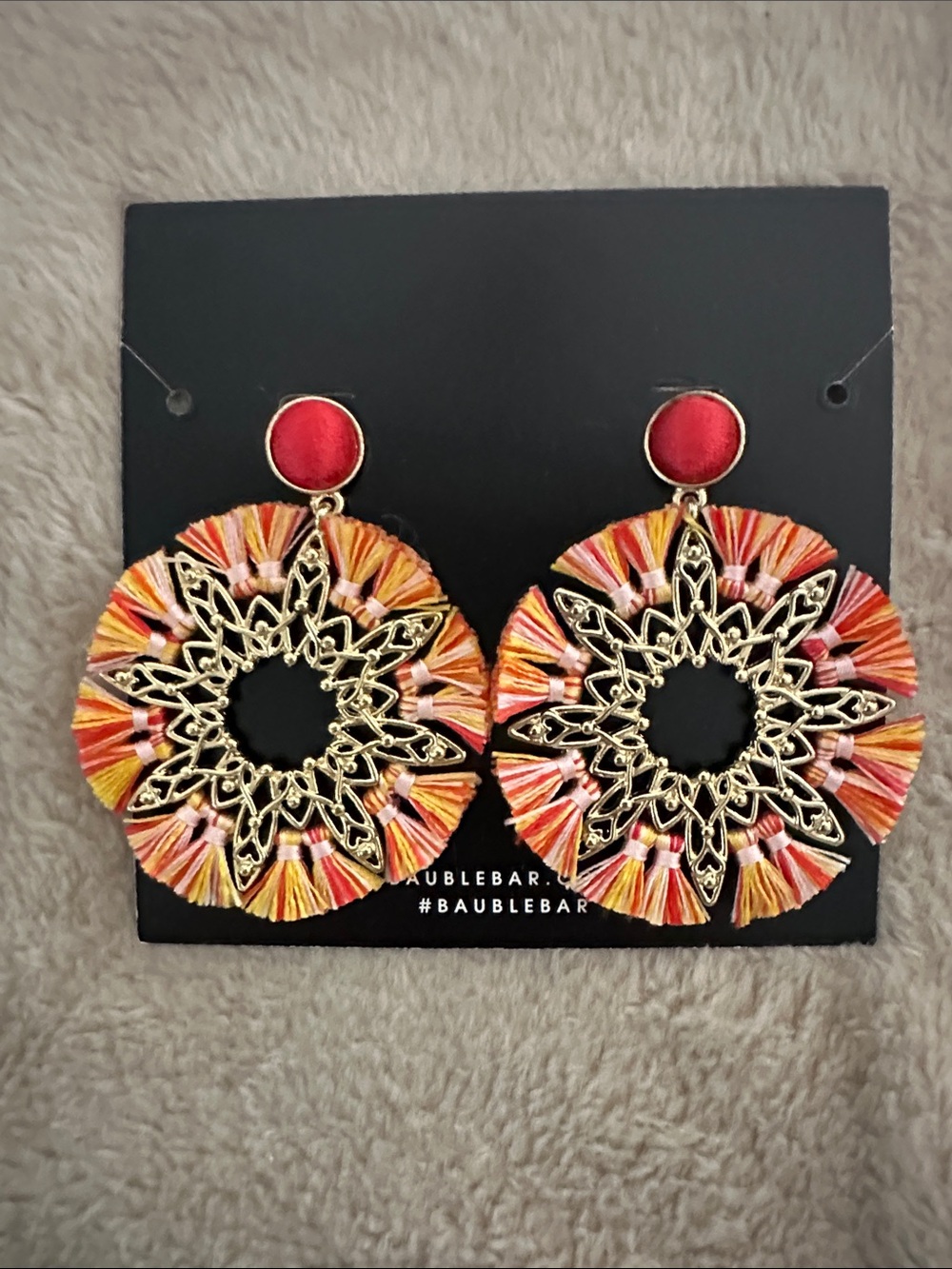 BaubleBar Gold Filigree Fringe Hoop Earrings in Red, yellow, white & Orange